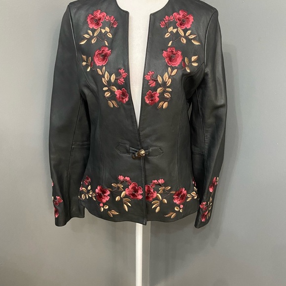 Belle Sport Jackets & Blazers - BELLE SPORT Womens Black Leather Jacket Blazer Floral Embroidery Throughout S